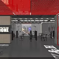 Modern Gym Interior With Treadmills Dumbbells Screens Showing Fitness Videos Red Black Decor And Plants