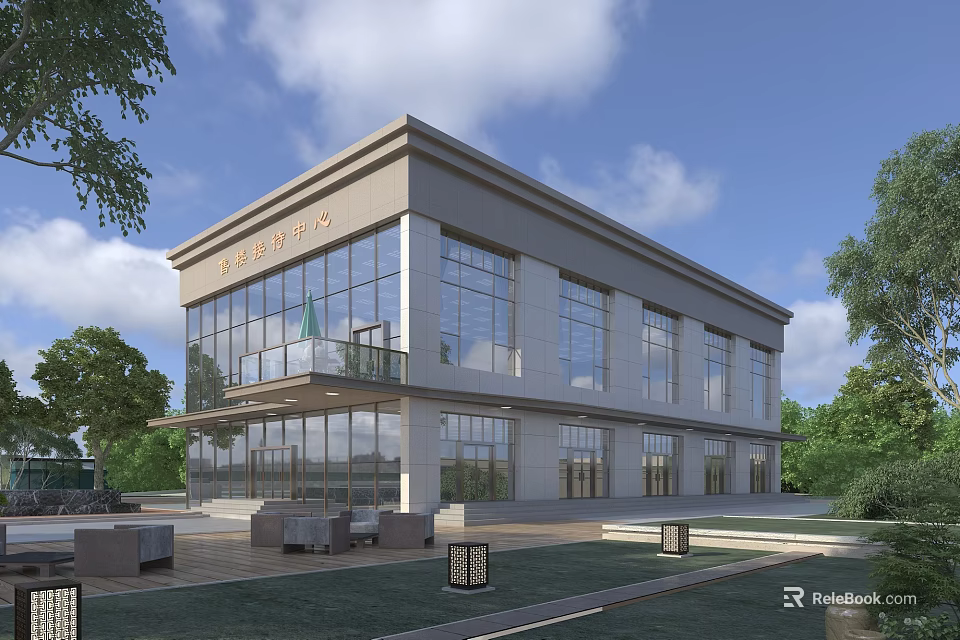 Modern Office Building With Glass Curtain Walls Entrance Plaza And Greenery 3d model 