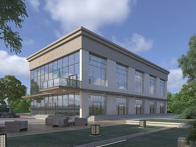 Modern Office Building With Glass Curtain Walls Entrance Plaza And Greenery 3d model