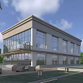 Modern Office Building With Glass Curtain Walls Entrance Plaza And Greenery