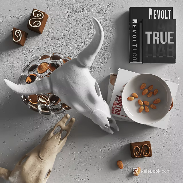 Stylish Decorative Ornament Set With Bull Skull Glass Bowl Books And Almond Plate 3d model 