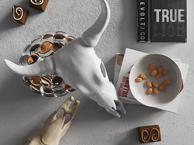 Stylish Decorative Ornament Set With Bull Skull Glass Bowl Books And Almond Plate 3d model