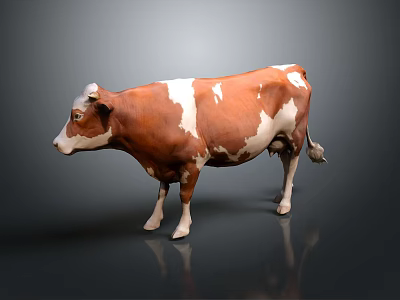 Brown And White Cow Standing On Gray Background With Reflection 3d model