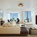 Modern Living and Dining Room Interior With Beige Sofa And Marble Coffee Table