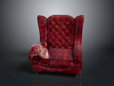 Classic Red Plaid Wingback Armchair With Soft Blanket And Tufted Design 3d model
