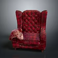 Classic Red Plaid Wingback Armchair With Soft Blanket And Tufted Design
