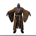Mystical Fantasy Character With Purple Skin Brown Robe And Topknot Hairstyle