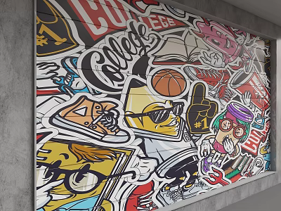 Trendy Urban Wall Adorned With Colorful Stickers Including Basketball Sneakers And Cans 3d model