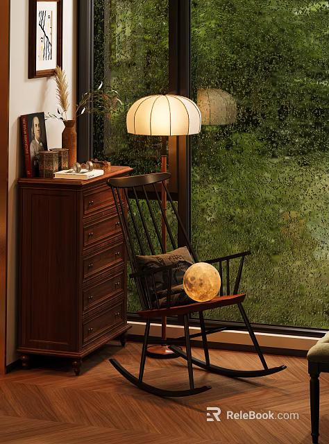 Cozy Wooden Rocking Chair With Pillow And Moon Decor By Window With Green View 3d model 