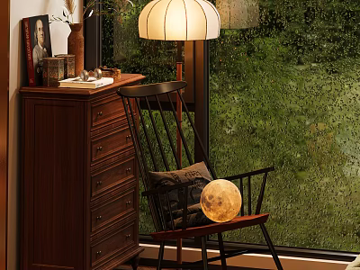 Cozy Wooden Rocking Chair With Pillow And Moon Decor By Window With Green View 3d model