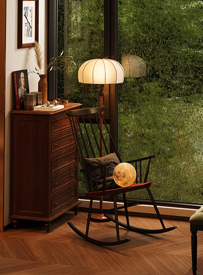 Cozy Wooden Rocking Chair With Pillow And Moon Decor By Window With Green View 3d model