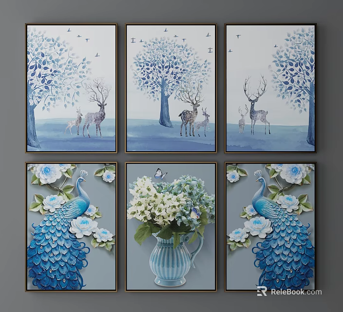 Decorative Animal Paintings with Deer Peacock Trees and Flowers Wall Art 3d model 