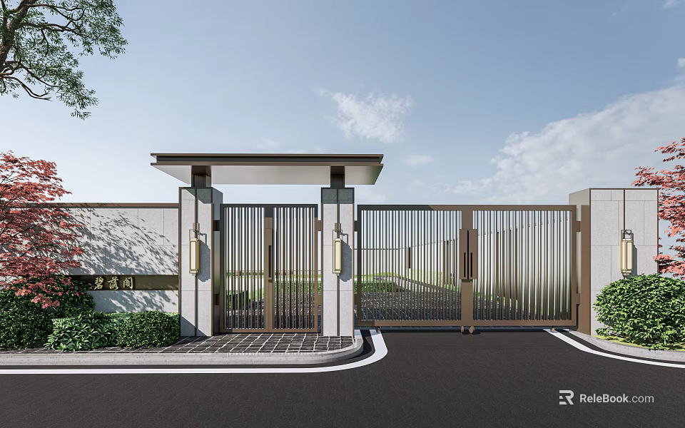 Modern Entrance Gate With Metal Slat Design And Side Greenery Along Paved Driveway 3d model 