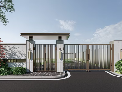 Modern Entrance Gate With Metal Slat Design And Side Greenery Along Paved Driveway 3d model