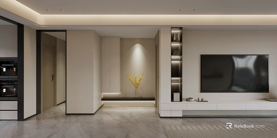 Modern Entryway Hallway Interior Design With Recessed Lighting Decorative Plants And Storage Cabinets 3d model 