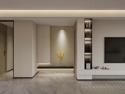 Modern Entryway Hallway Interior Design With Recessed Lighting Decorative Plants And Storage Cabinets 3d model