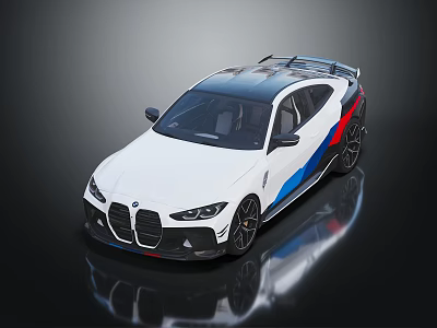 White BMW M Coupe With Blue Red Stripes Rear Spoiler And Sporty Design 3d model