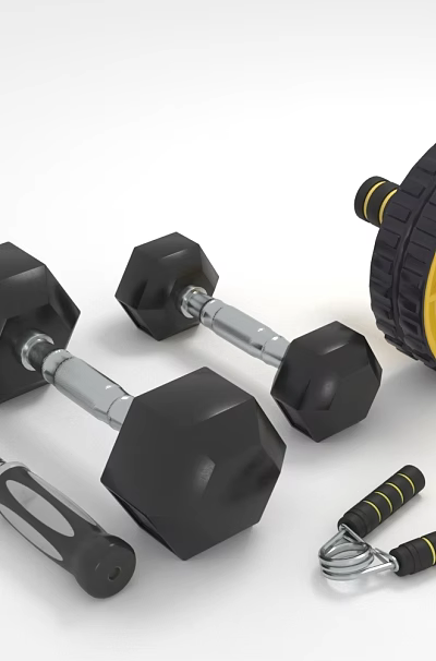 Home Gym Fitness Equipment Set Including Dumbbells Ab Roller And Hand Grips 3d model