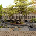 Japanese Courtyard Garden With Wooden Fence Stones Moss Fallen Leaves And Stone Lanterns