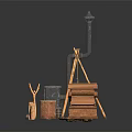 Outdoor Blacksmith Tools With Metal Stove Wooden Tripod And Firewood Stack 3d model