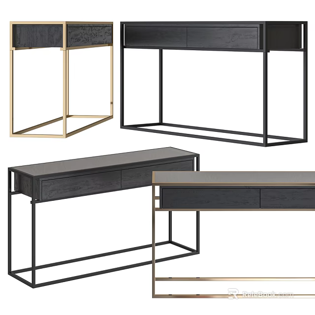 Modern Interior Console Table Design With Metal Frame And Wooden Top 3d model 