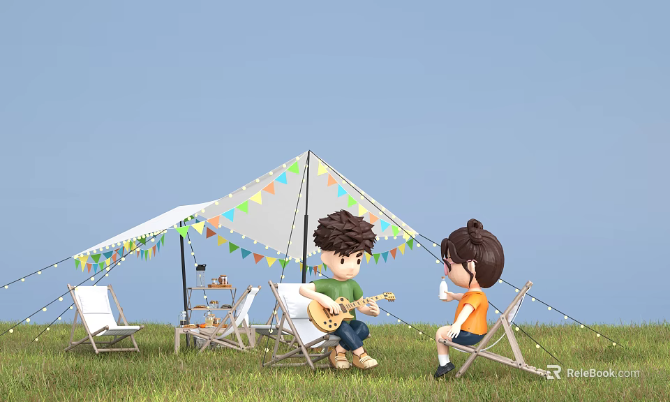 Modern Outdoor Camping Scene With Kids Playing Guitar And Drinking Beverage Near White Tent With Colorful Bunting 3d model 