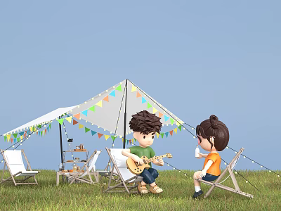 Modern Outdoor Camping Scene With Kids Playing Guitar And Drinking Beverage Near White Tent With Colorful Bunting 3d model