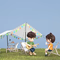 Modern Outdoor Camping Scene With Kids Playing Guitar And Drinking Beverage Near White Tent With Colorful Bunting