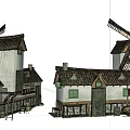 Traditional Windmills And Old Houses With Tiled Roofs White Walls Green Windows