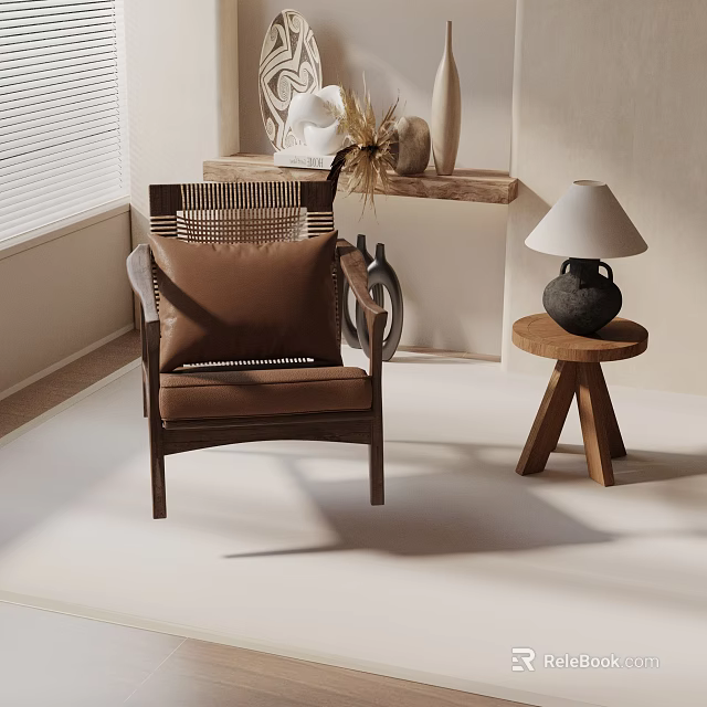 Cozy Modern Accent Chair With Brown Cushion Woven Design Wooden Side Table And Natural Light 3d model 