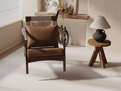 Cozy Modern Accent Chair With Brown Cushion Woven Design Wooden Side Table And Natural Light 3d model