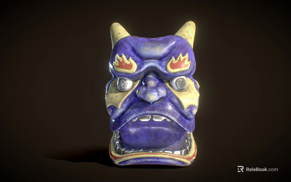 Purple Mask Decorative Ornament Set With Yellow Horns Red Eyebrows And Golden Eyes 3d model 