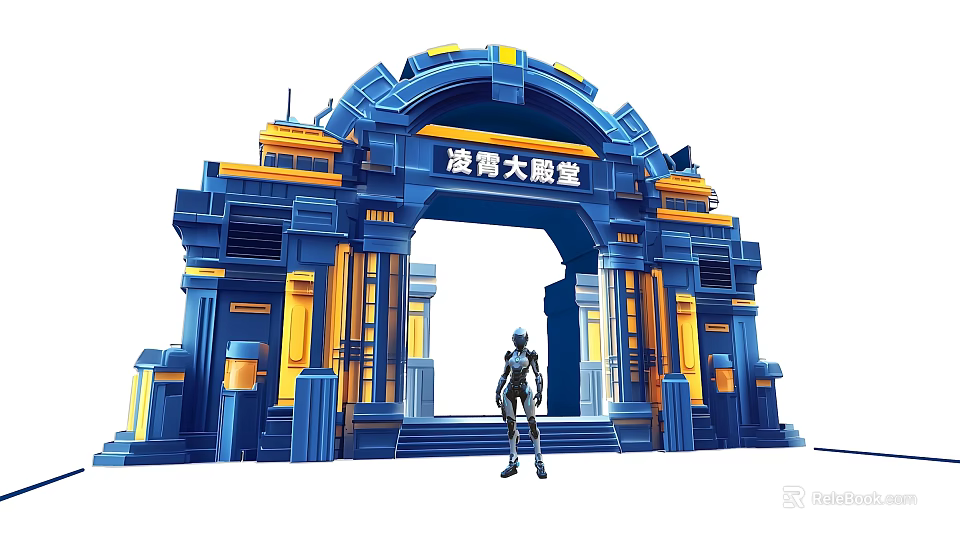 Futuristic Blue and Yellow Large Event Gateway with Ornate Structure and Standing Figure on Steps 3d model 