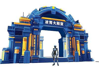 Futuristic Blue and Yellow Large Event Gateway with Ornate Structure and Standing Figure on Steps 3d model