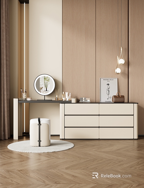 Modern Vanity Table Design With Round Mirror Drawers Pendant Lights And Decorative Items 3d model 