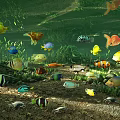 Colorful Aquatic Animals Including Fish And Crabs In Underwater Habitat With Plants And Sandy Bottom