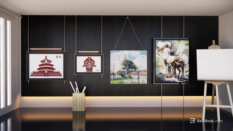 Different Style Paintings Hanging On Dark Wall With Light Decorative Line And Pen Holder 3d model 