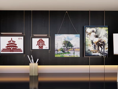 Different Style Paintings Hanging On Dark Wall With Light Decorative Line And Pen Holder 3d model