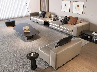 Modern Light Gray Sofa and Coffee Table Set Living Room with Decorative Paintings and Rug 3d model