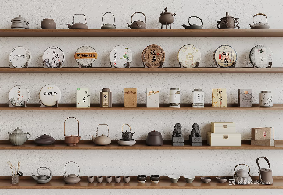 Traditional Tea Utensils Display with Teapots Teacups and Round Tea Cakes on Shelves 3d model 