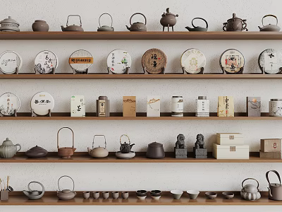 Traditional Tea Utensils Display with Teapots Teacups and Round Tea Cakes on Shelves 3d model