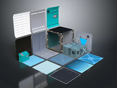3D Model Of Modular Structure With Blue Gray Panels Square Blocks And Frames 3d model