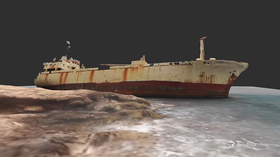 Old Rusted Abandoned Ship Moored Near Rocky Shore With Turquoise Water 3d model 