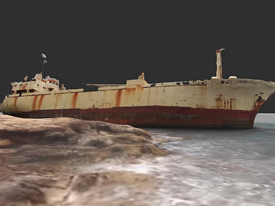 Old Rusted Abandoned Ship Moored Near Rocky Shore With Turquoise Water 3d model