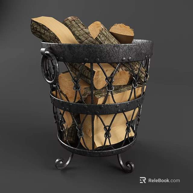 Stone And Wood Logs In Decorative Metal Basket For Home Decor 3d model 
