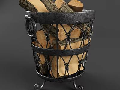 Stone And Wood Logs In Decorative Metal Basket For Home Decor 3d model