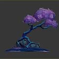 Vibrant Plant With Blue Trunk And Purple Flowers On Blue Water Ripple Base Including Scattered Flowers