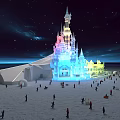 Ancient Architecture Inspired Ice Castle with Colorful Illuminated Towers under Starry Sky and People Around