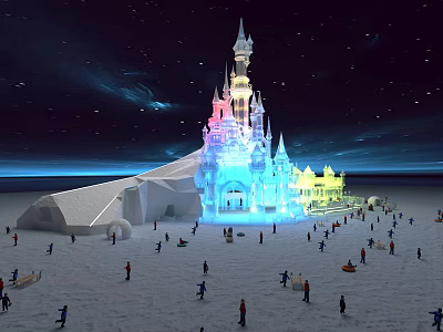 Ancient Architecture Inspired Ice Castle with Colorful Illuminated Towers under Starry Sky and People Around 3d model