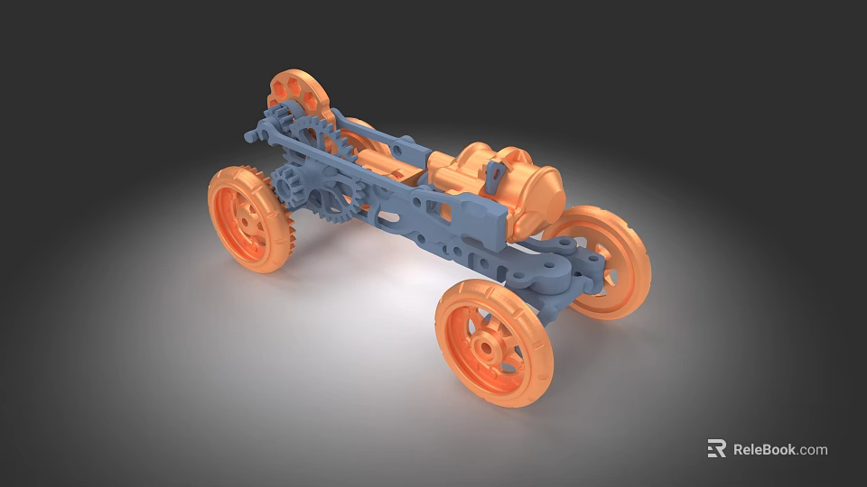 Electric Toy Car With Blue Frame And Orange Wheels Detailed Mechanical Structure 3d model 